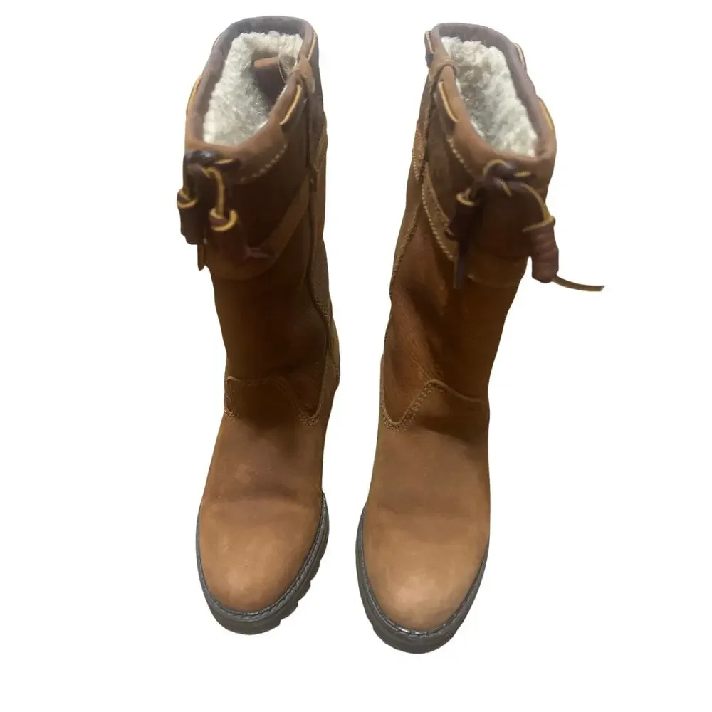 Bass Women Durable Outdoor Waterproof Tan Leather Shearling 2269W Snow Boots 8.5